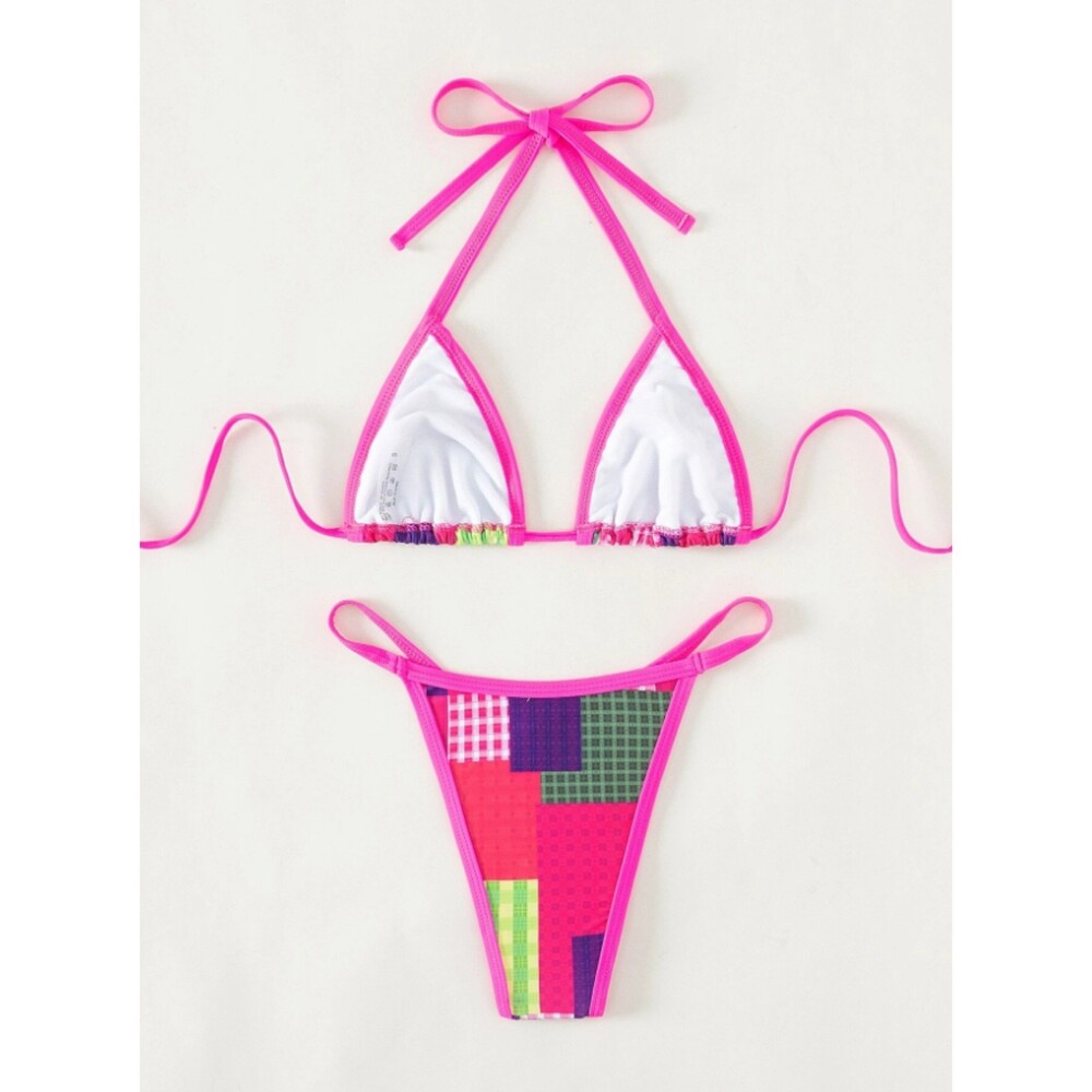 Medium Pink Patchwork Stretch Wireless Halter Tri… - image 4